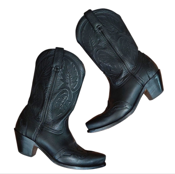 Road Wolf Women's Black Cowboy Boots Sz 7.5 Black Embossed Western Boots - Picture 1 of 11